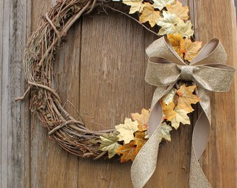 Fall Wreath, Gold Leaf Wreath, Rustic Wreath, Autumn Wreath, Gold Wreath, Fall Decor, Fall Leaf Wreath, Front Door Wreath, Autumn Decor