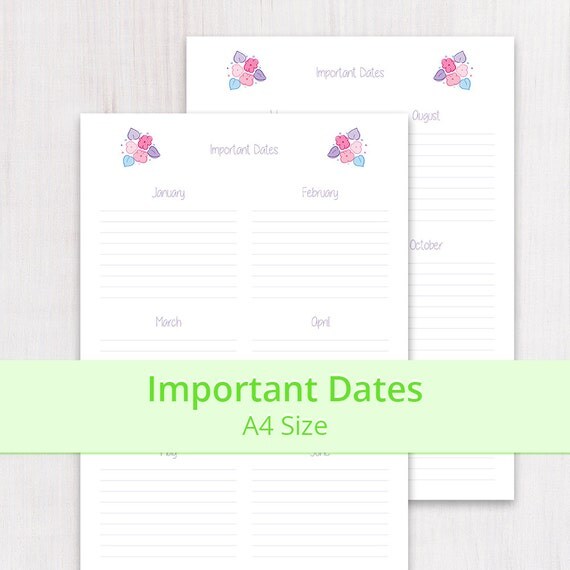 A4 Important Dates Printable Pastel Pink by WoolDreamsPrintables