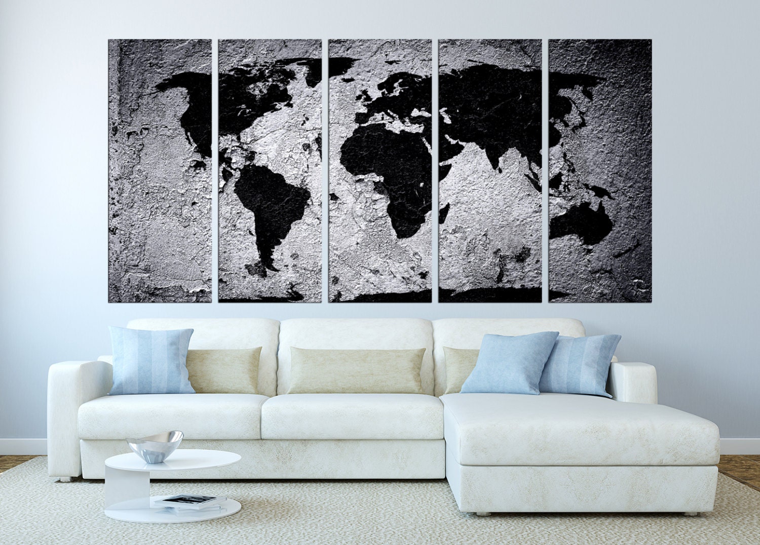 Large World Map Canvas Print Black And White By ArtCanvasShop