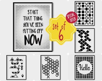 Set of 6 prints, Black and white print set, Scandinavian wall art, Geometric printable, quote posters, teen room decor, printable wall art