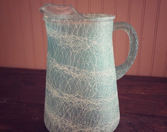Vintage Colorcraft Blue Green Spaghetti String Glass Pitcher / Rubber Pitcher / Vintage Drinkware