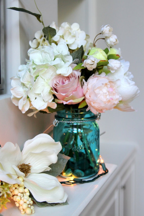 Items similar to Silk floral arrangement, mason jar decor, Hydrangeas