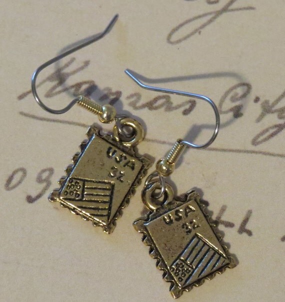 U.S. Mail Postage Stamp Earrings 24 Karat Gold by NostalgicCharm