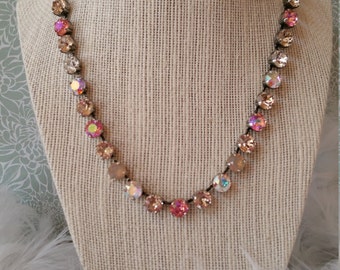Swarovski Crystal necklace - PINK SURPRISE - 8.5 mm rose peach glacier blue, sand opal, silk and crystal ab. beautiful!