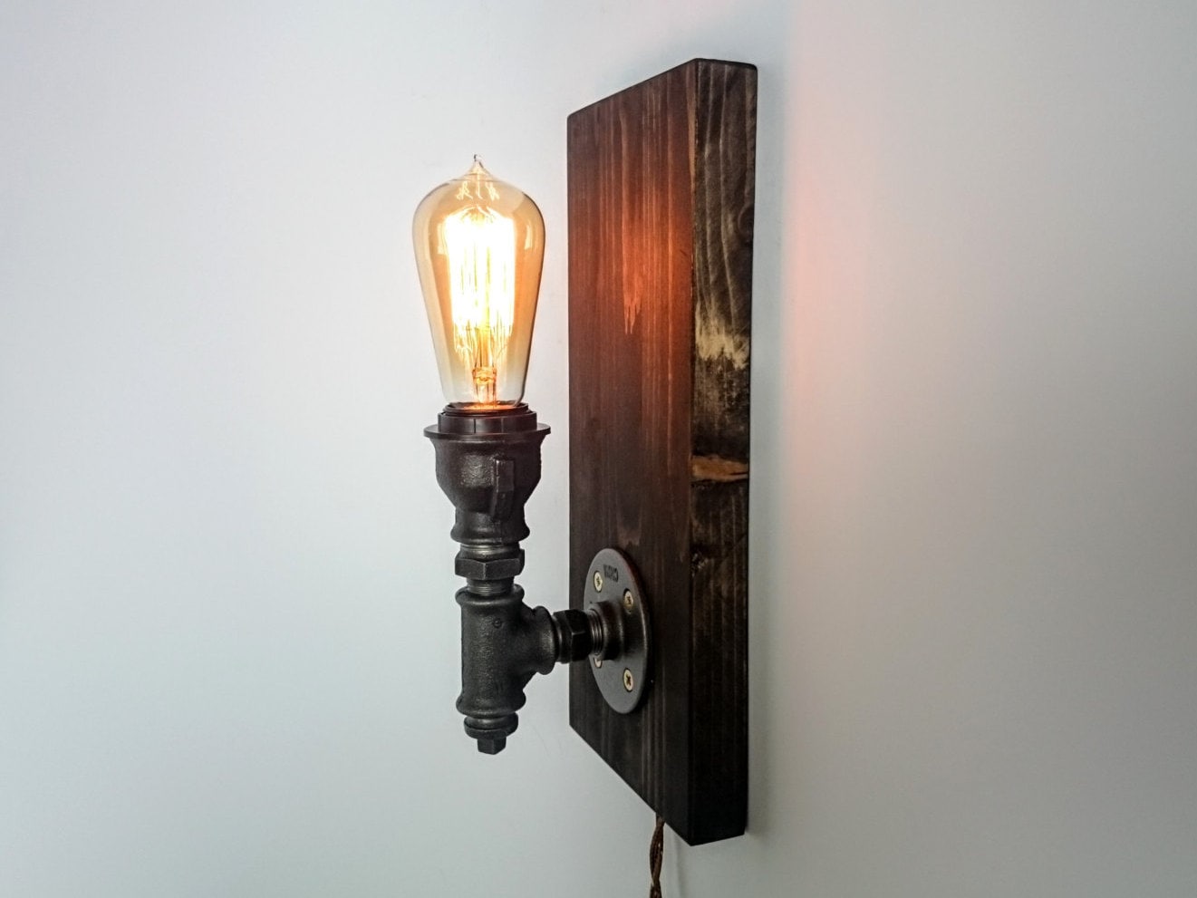 Plug in wall sconce on wooden base Wall lamp Industrial