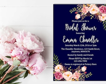 Navy Boho Floral Bridal Shower Invitation, Printable Floral Boho Bridal Shower Invite, Navy Blue Boho Bridal Shower Invite, Download, 110-N