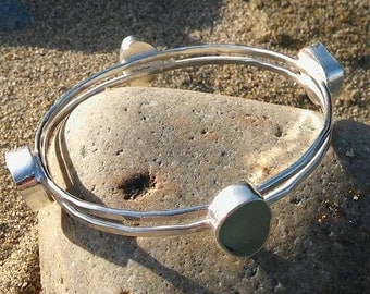 Handmade Sea Glass bangle, Cornish sea glass bangle, Silver bangle, Sterling Silver Bracelet, Beach glass bangle, Sea Glass Jewellery.