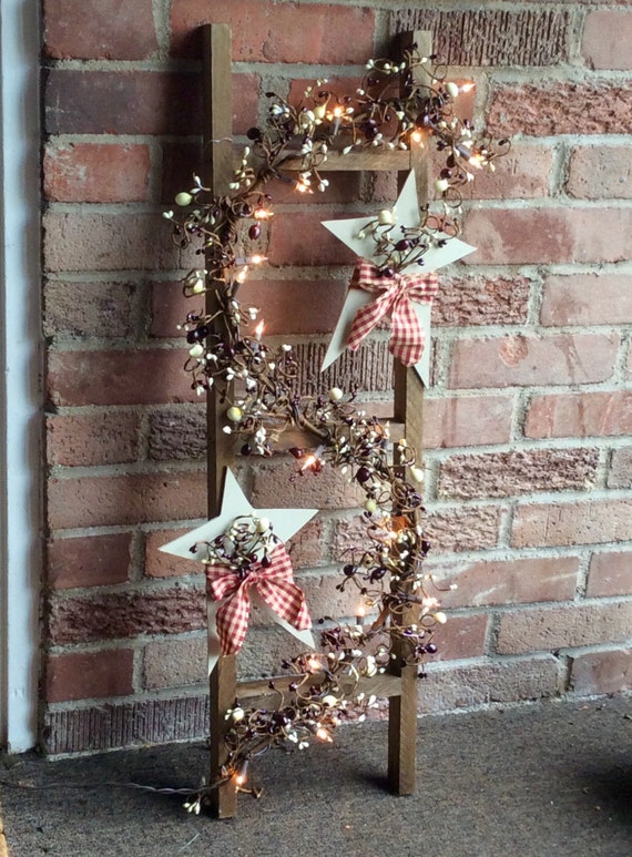 Rustic Country Primitive Americana Ladder with Lighted