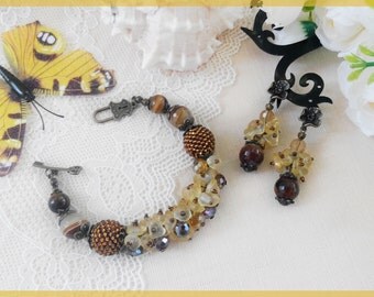 Brown beaded bracelet Brown beaded earrings Citrine agate bracelet Agate earrings Woman brown jewelry set Christmas gift Tigers eye bracelet