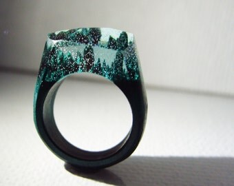 Summer Dew - Wood ring. Secret world in wooden rings for women & men. Wood resin ring. Fashion resin jewelry. Statement ring.