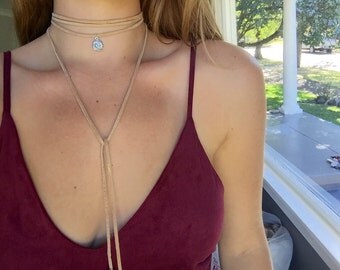 Tan suede choker necklace wrap || sunflower charm