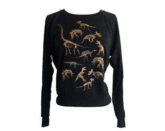Dinosaur Skeleton Raglan Sweater - Gold Ink American Apparel SOFT vintage feel - Available in sizes S, M, L