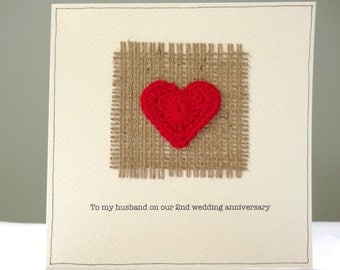2nd wedding anniversary card - romantic hessian and red heart personalised greeting card - cotton wedding second anniversary - husband wife
