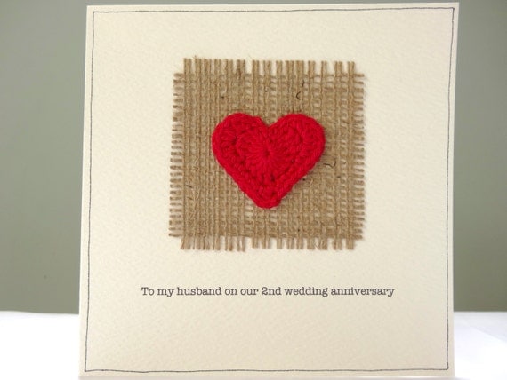  2nd  wedding  anniversary  card  romantic hessian and red heart