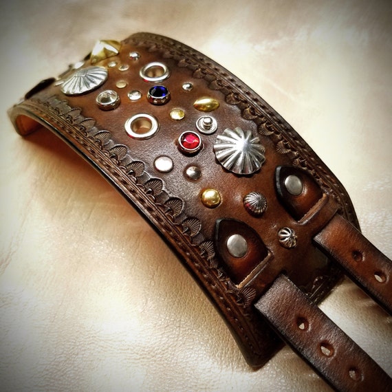 Leather cuff Bracelet Brown Jeweled, studded, stamped, Pirate Treasure cuff made for YOU in NYC by Freddie Matara!