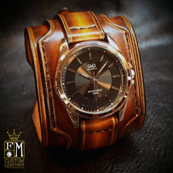 Leather cuff watch Tobacco sunburst wide layered Brown watch band cuff Bracelet Handmade for YOU in NYC by Freddie Matara