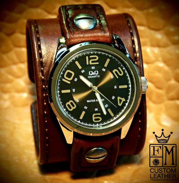 Leather Watch Vintage cuff Chocolate brown bridle leather watchband - handstitched leather watch band Made for YOU in NYC by Freddie Matara