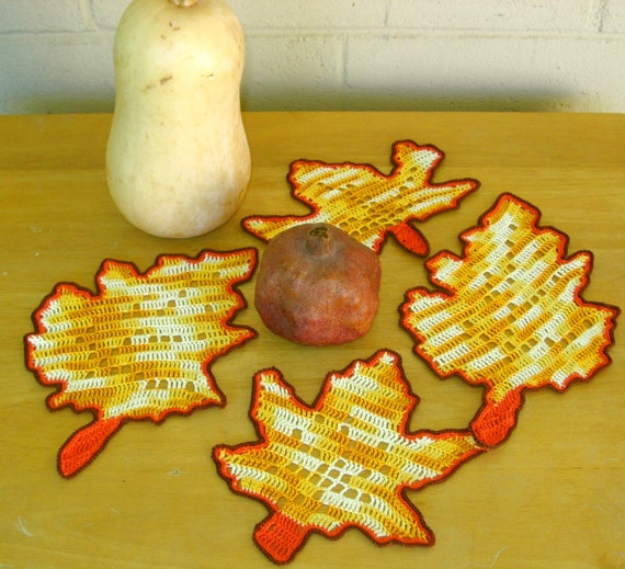 Fall Maple and Oak Leaf Coasters in Filet Crochet - Set of 4 - Handmade Decor Accent or Decoration