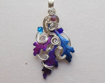 Fairy Oak Leaves Pendant -- Silver Wire, Pink, Purple, Blue Oak Leaves, Swarovski Crystals -- Enchanted Oak Leaves -- Hand colored brass
