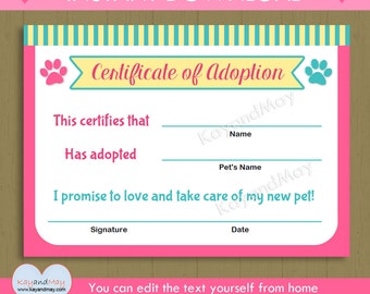 Pet Adoption Certificate / INSTANT DOWNLOAD printable pet