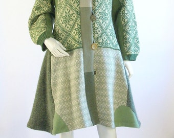 Women's Upcycled Sweater Coat/ Cream and Green/ Size Medium/ 10/12