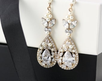 Gold Bridal Earrings Long Wedding Earrings Cubic Zirconia Teardrop Wedding Jewelry Swarovski Crystal Wedding Jewelry VIVIENNE
