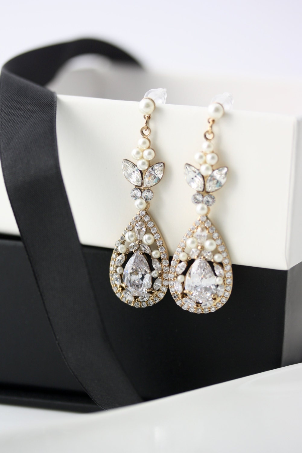 Gold Bridal Earrings Long Wedding Earrings Cubic Zirconia