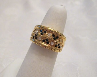 Vintage Band Ring Rhinestone Crystal Jet Black Goldtone Size 7 1/2