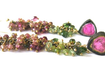 Watermelon Tourmaline Tassel Earrings-"Pasteque"