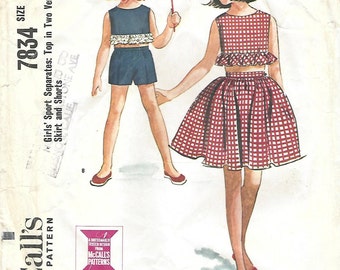 1960s McCall's 7834 Vintage Sewing Pattern Girl's Cropped Top, Midriff Top, Shorts, Full Skirt Size 12