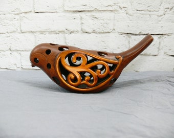 Large Vintage Painted Ceramic Bird Figurine Wood Copper Garden Decor Sparrow Mod Retro Shelf Art Statue