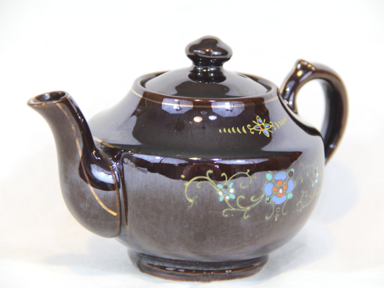 Antique/Japan TEAPOT RedWare BrownBetty Hand Painted Floral