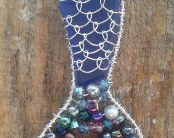 Mermaid Tail Sea Glass Pendant/ornament/suncatcher Aqua blue