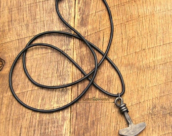 Mens Thors Hammer Leather Necklace rustic rocker rugged vibe viking nordic medieval black forged steel adjustable long length