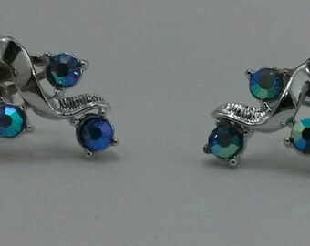 Vintage Silvertone Screw-on Earrings with Blue Aurora Borealis (AB) Rhinestones