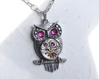 Steampunk Goddess Athena Owl Ruby and Fuchsia Necklace Vintage Watch Movement