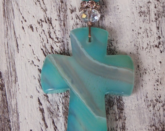 Cross Necklace Gemstone Beaded Necklace Boho Chic Turquoise Blue Agate Czech Glass Amazonite Gemstone Spiritual Layering Christian Jewelry