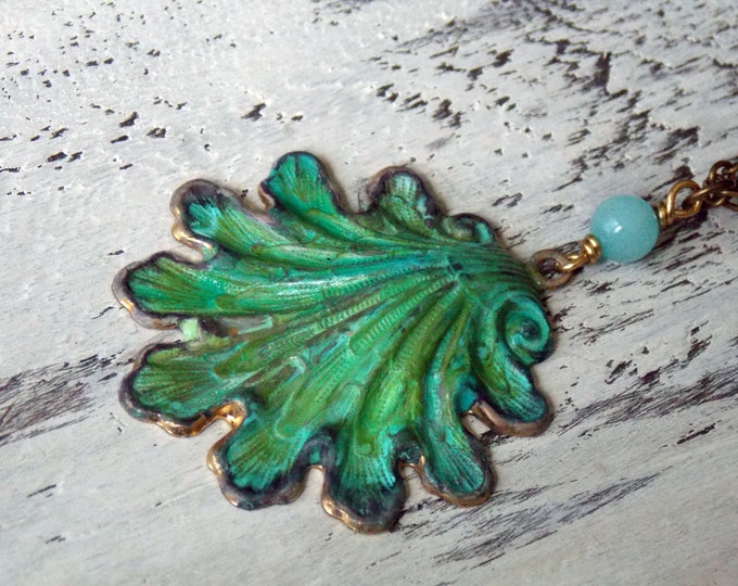 Brass Patina Seashell Necklace Patina Shell Jewelry Seashell Pendant Nautical Necklace Verdigris Patina Shell Ocean Jewelry Beach Necklace