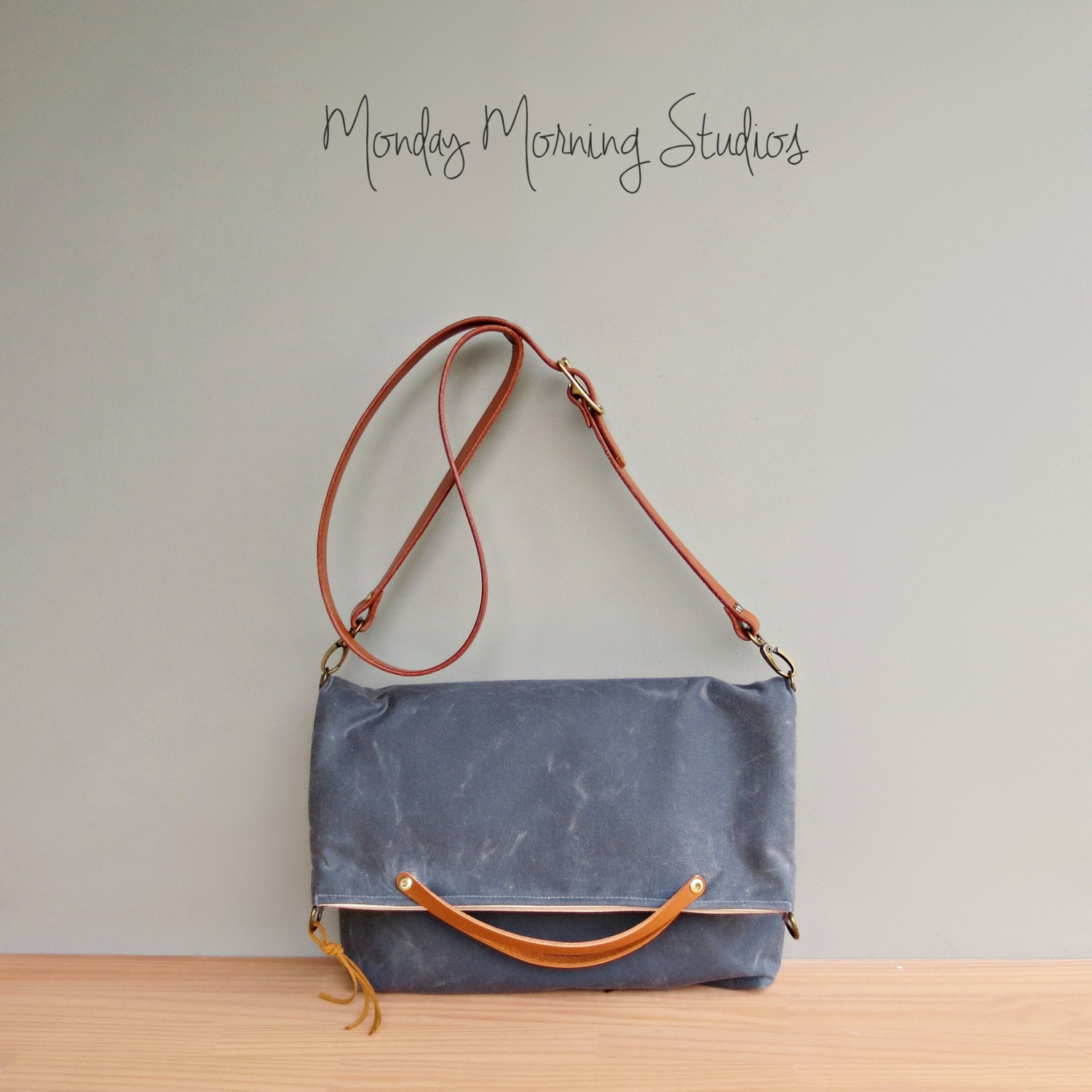Waxed Canvas Foldover Tote with Custom Leather Strap in Grey