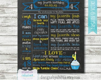 4th Birthday Chalkboard Poster Sign / 4 year old boy / Party Decor / Custom / Digital / Printable Board / About Me / Memory Milestones Blue
