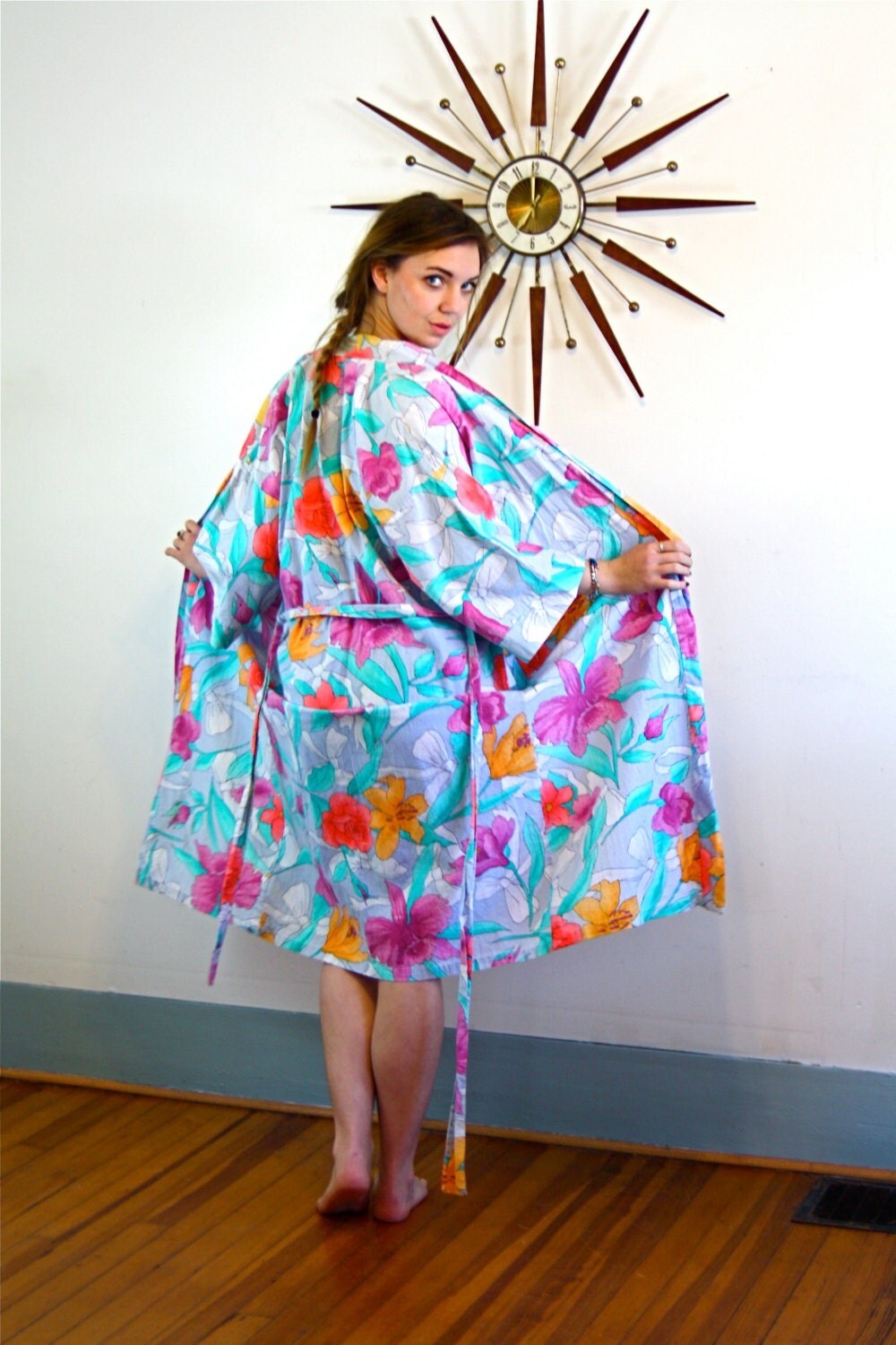 Vintage Cotton Bathrobe Neon Floral Robe by Donna Beth Gray Bright Aqua