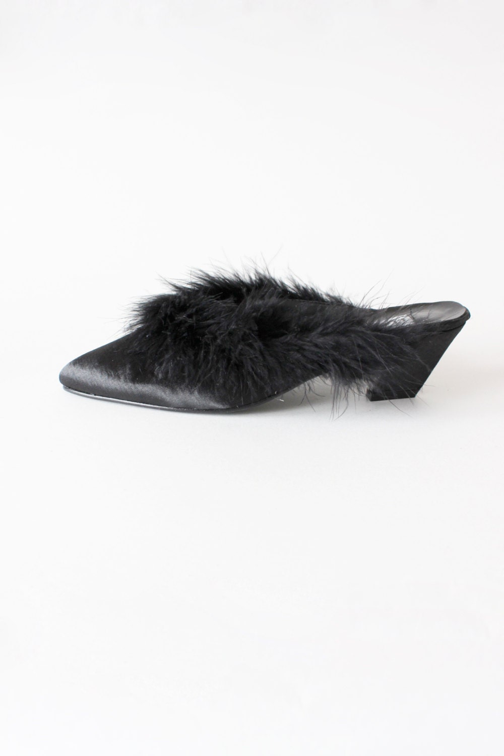 Vintage Black Satin & Marabou Feather Slipper Mules size 7.5