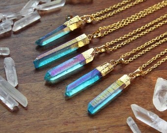 Aqua Angel Aura Quartz Gold Dipped Necklace - Rough Clear Raw Point Rainbow Pastel Crystal Blue Teal Gold Plated Chain, Natural Layering