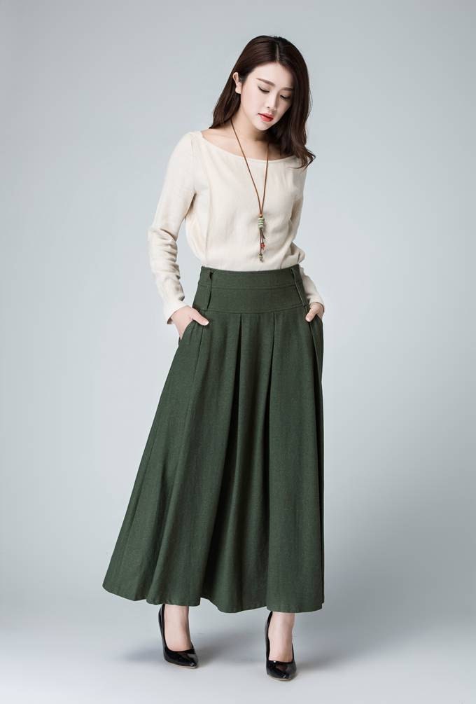 long green skirt pleated skirt olive green skirt linen