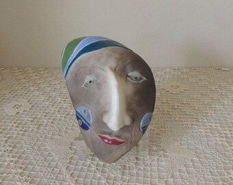 Unusual Female Fantasy Surrealist Ceramic Face Sculpture. Surreal Woman's Clay Face Rattle. Fantasy Clay Face Rattle with Stand