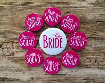 Bride Squad Pins, Bachelorette Party, Hen Night Badges, Bride Button, Hot Pink, Last Fling, Bright White, Classy Bridal Shower, Magnet Back