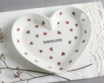 White heart wedding ring holder, engagement gift, his and hers, Ceramic ring holder, Custom ring dish gift FOREVER LOVED, gift under 25