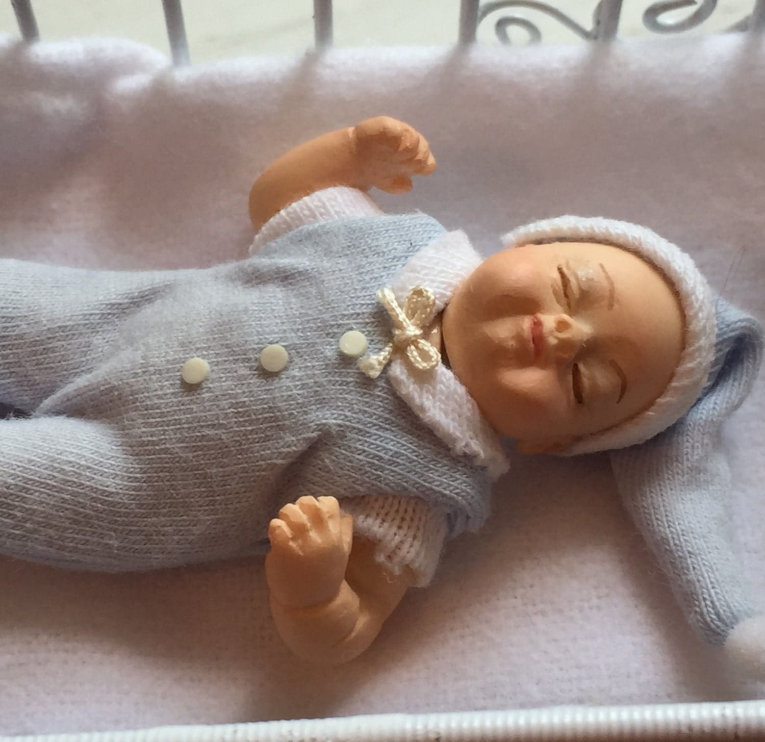 Miniature Dollhouse Baby in Blue Sleeping Baby Dollhouse