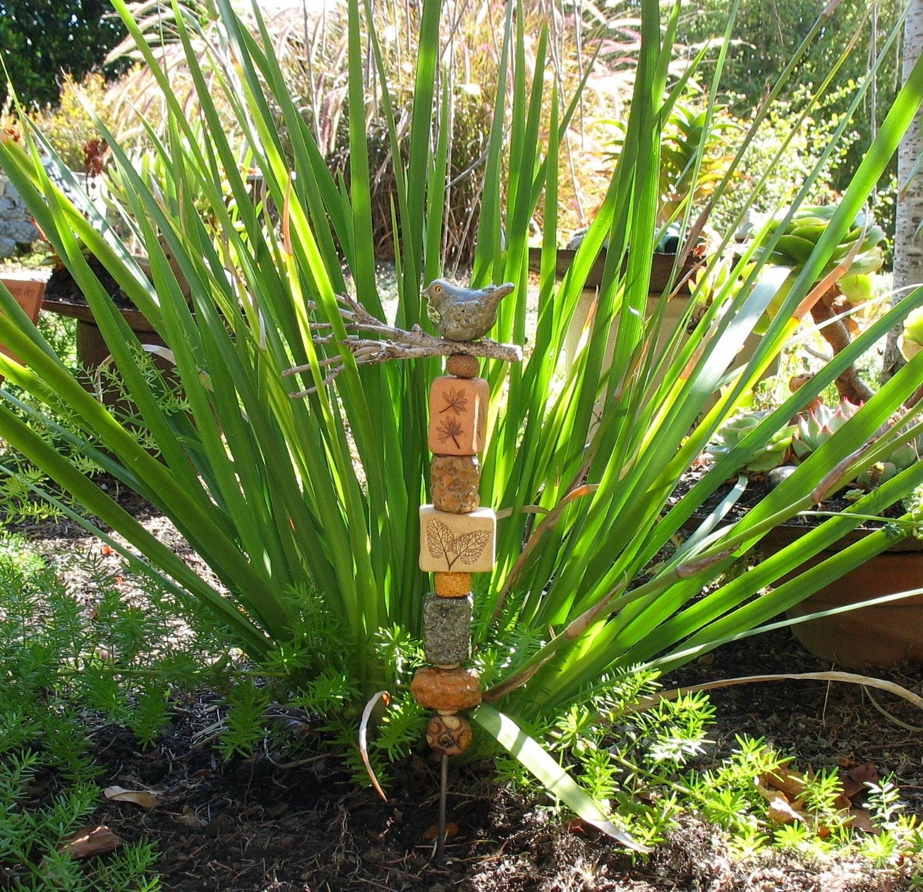 Ceramic Garden Stake Small with Bird on Real Branch by SallysClay