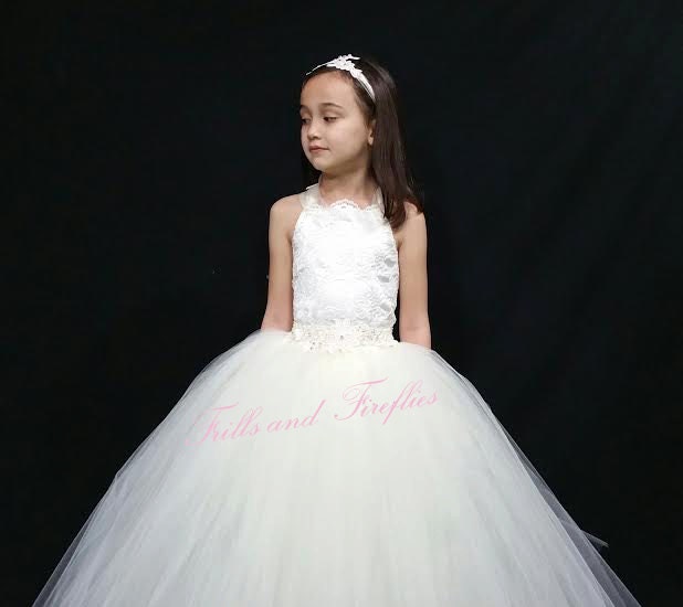 Ivory or White Flower Girl Corset DressLace Halter DressTutu